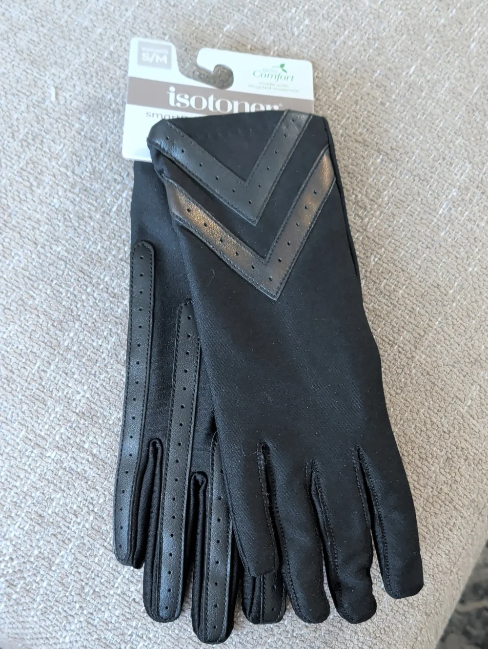 isotoner Black Stretch Gloves with Chevron Leather Accents - Picture 1 of 2